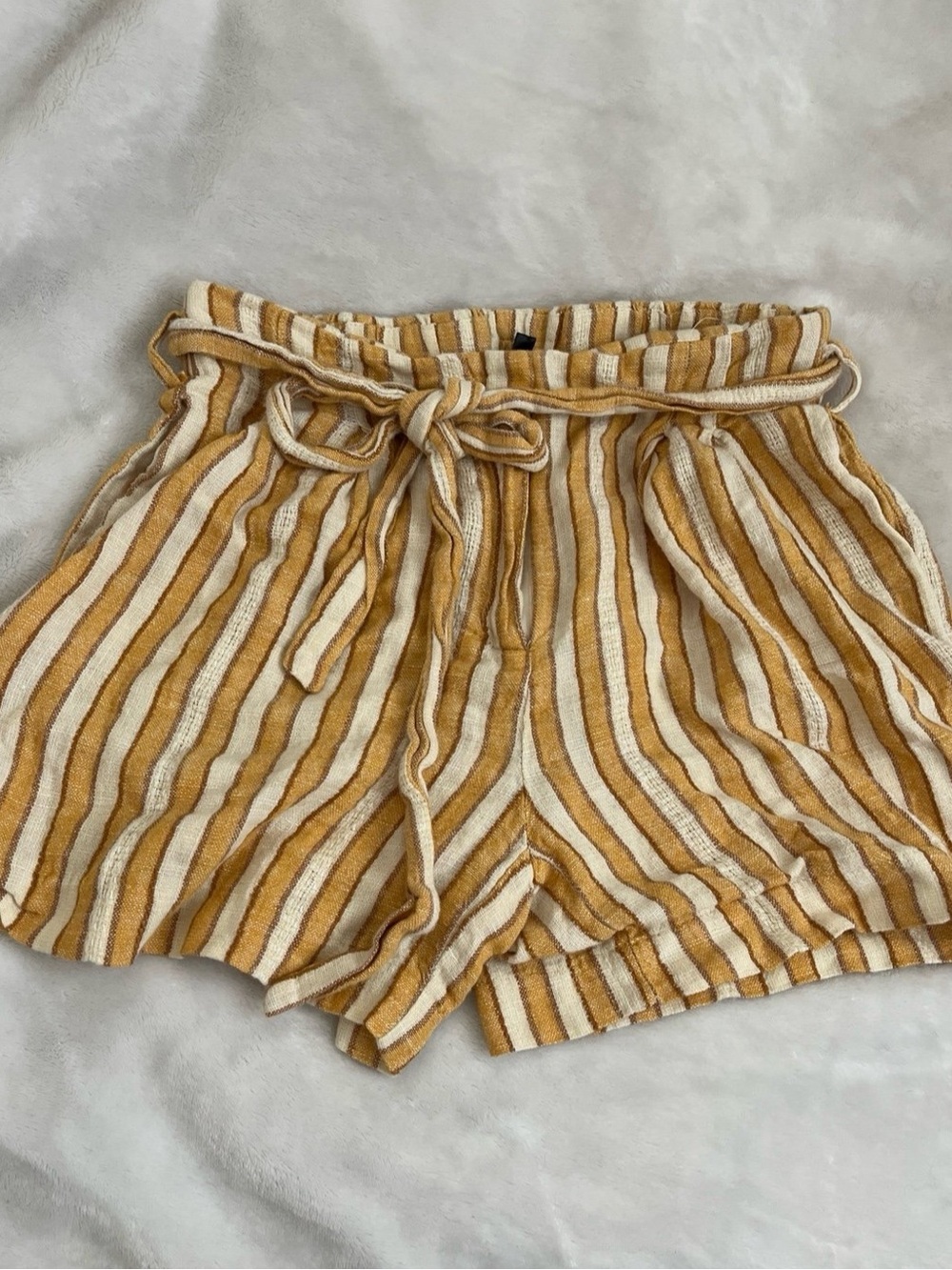 Drew | Striped Mustard and Cream Paperbag Waist linen blended shorts